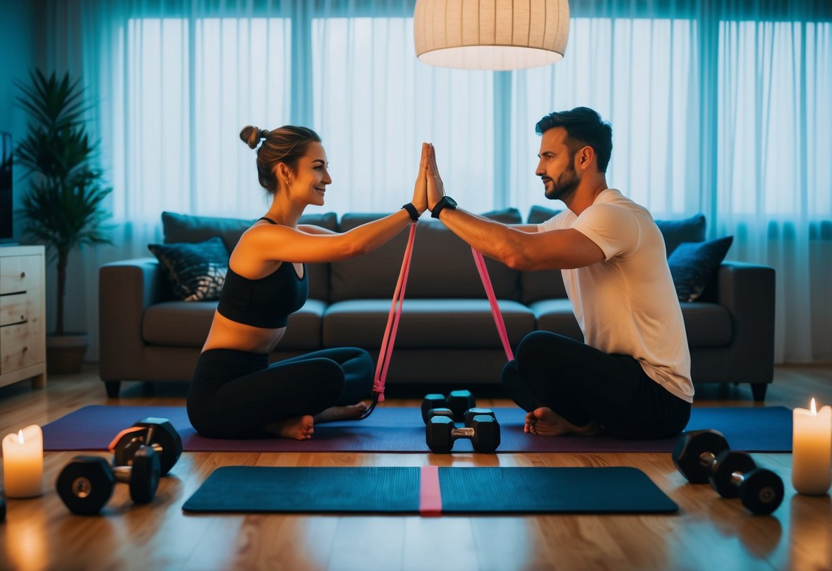 A dimly lit living room with yoga mats, weights, and a resistance band laid out. A couple stretches and exercises together, surrounded by soft candlelight
