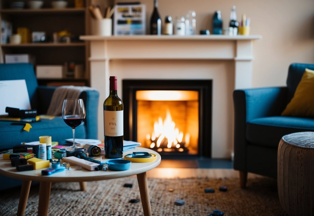 A cozy living room with scattered art supplies, a bottle of wine, and two empty chairs by a crackling fireplace