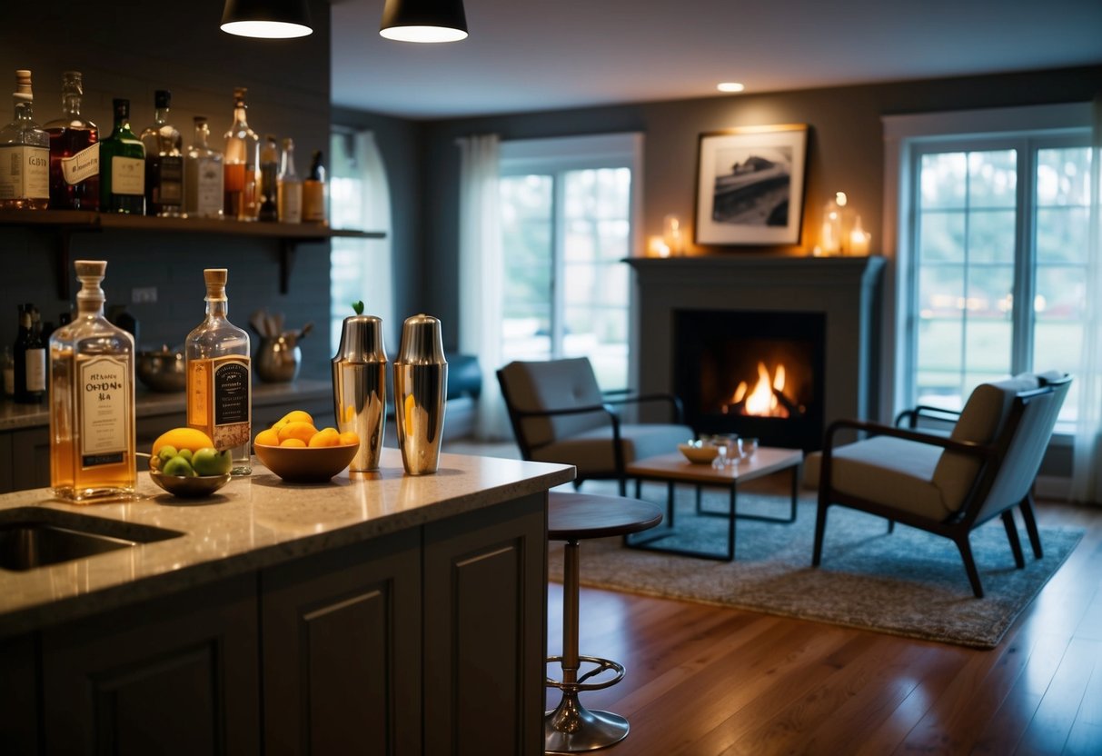 A dimly lit kitchen counter with various bottles of liquor, fresh fruit, and cocktail shakers. A cozy living room with a crackling fireplace and two empty chairs facing each other
