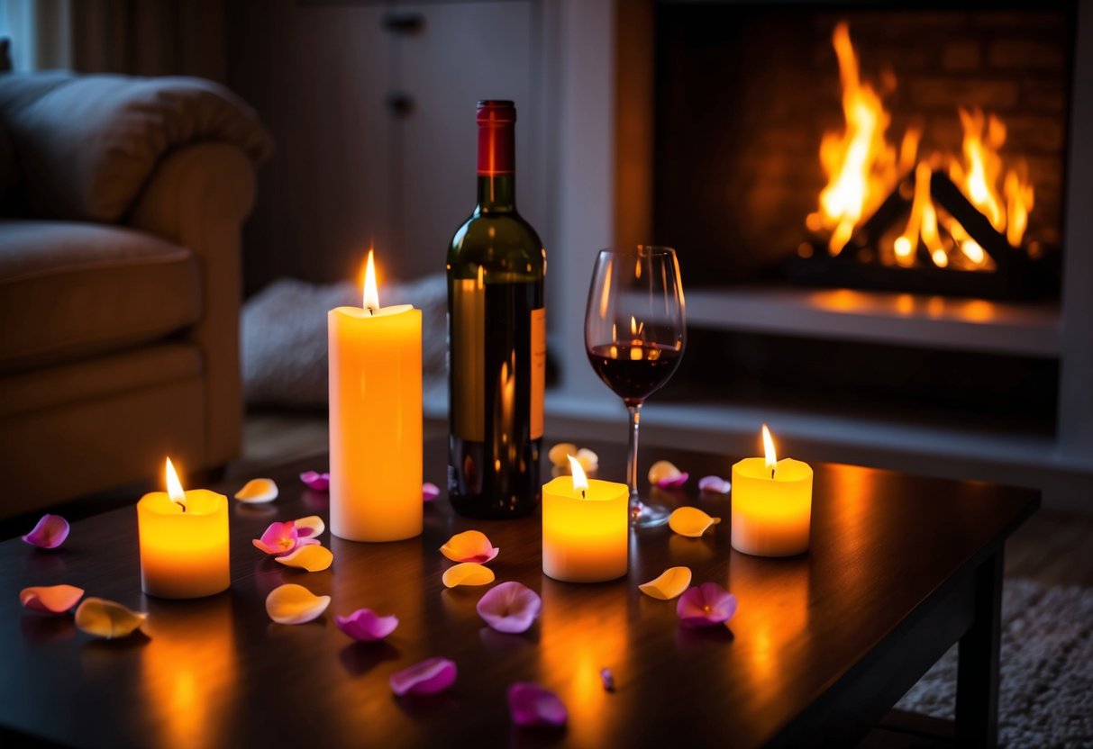 Soft candlelight illuminates a cozy living room, casting a warm glow on scattered rose petals and a bottle of wine on the coffee table. A crackling fire adds to the intimate ambiance