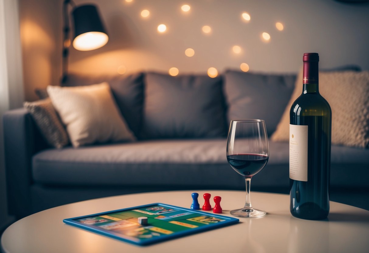 A cozy living room with soft lighting, a bottle of wine, and a board game set up on the coffee table