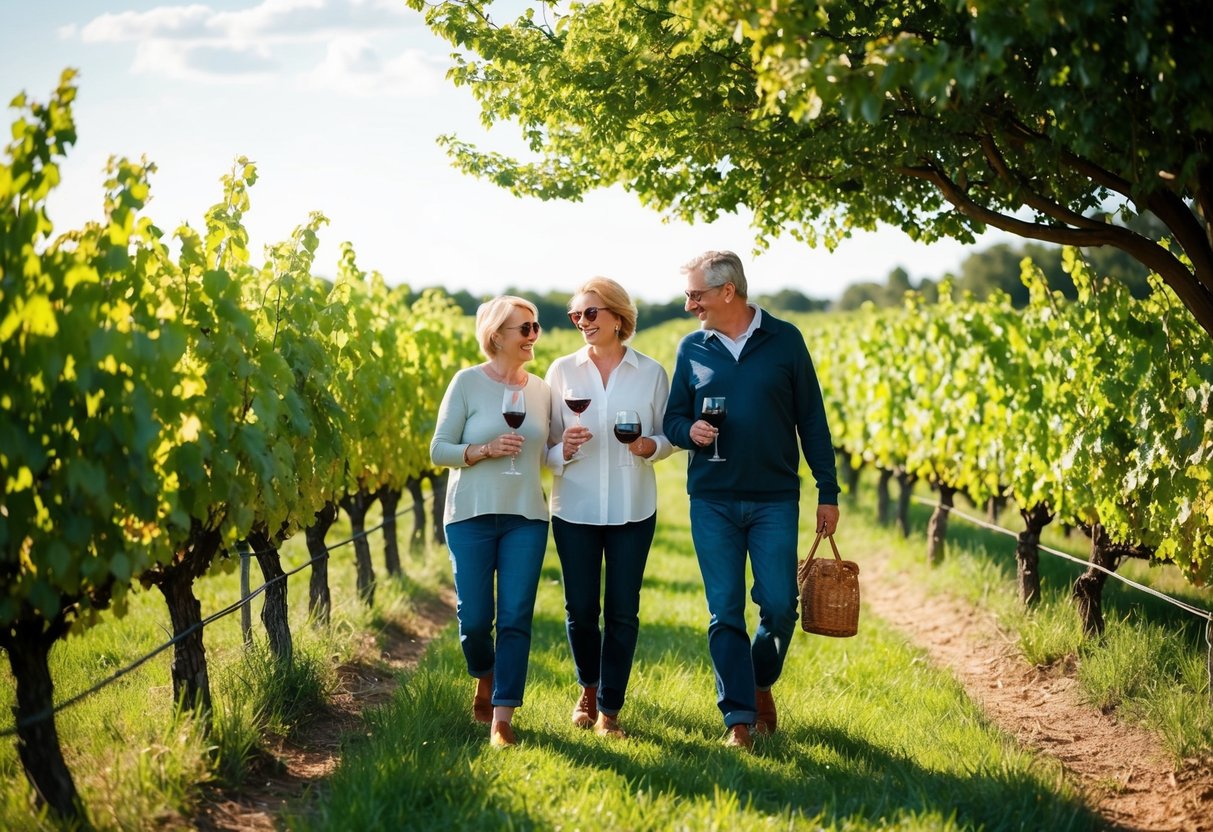 A middle-aged couple strolling through a vineyard, sampling wine and enjoying a picnic under a shady tree