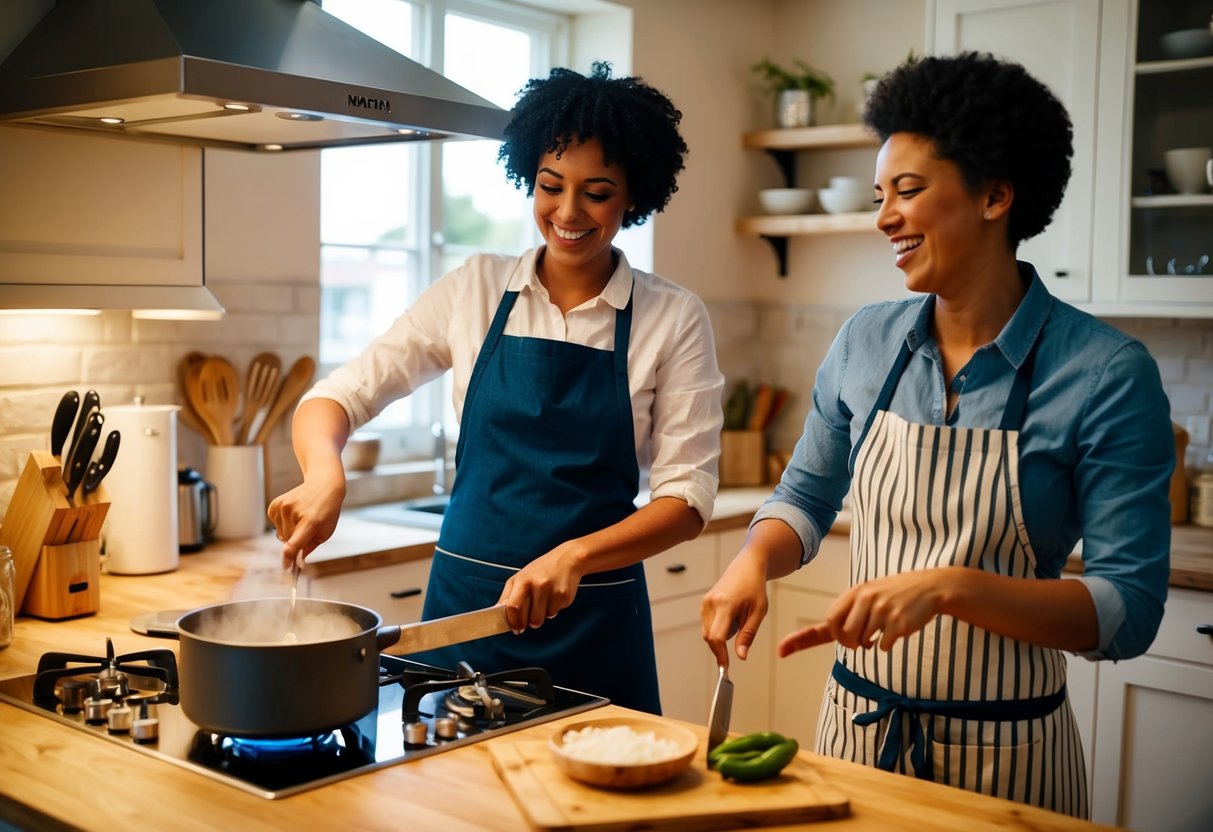 A cozy kitchen with two apron-clad figures chopping, stirring, and laughing together over a bubbling pot on the stove