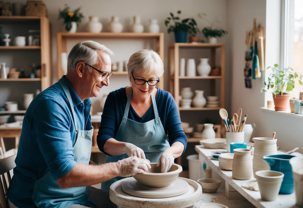 A middle-aged couple sits at a pottery wheel, shaping clay together in a cozy studio filled with art supplies and finished pottery pieces