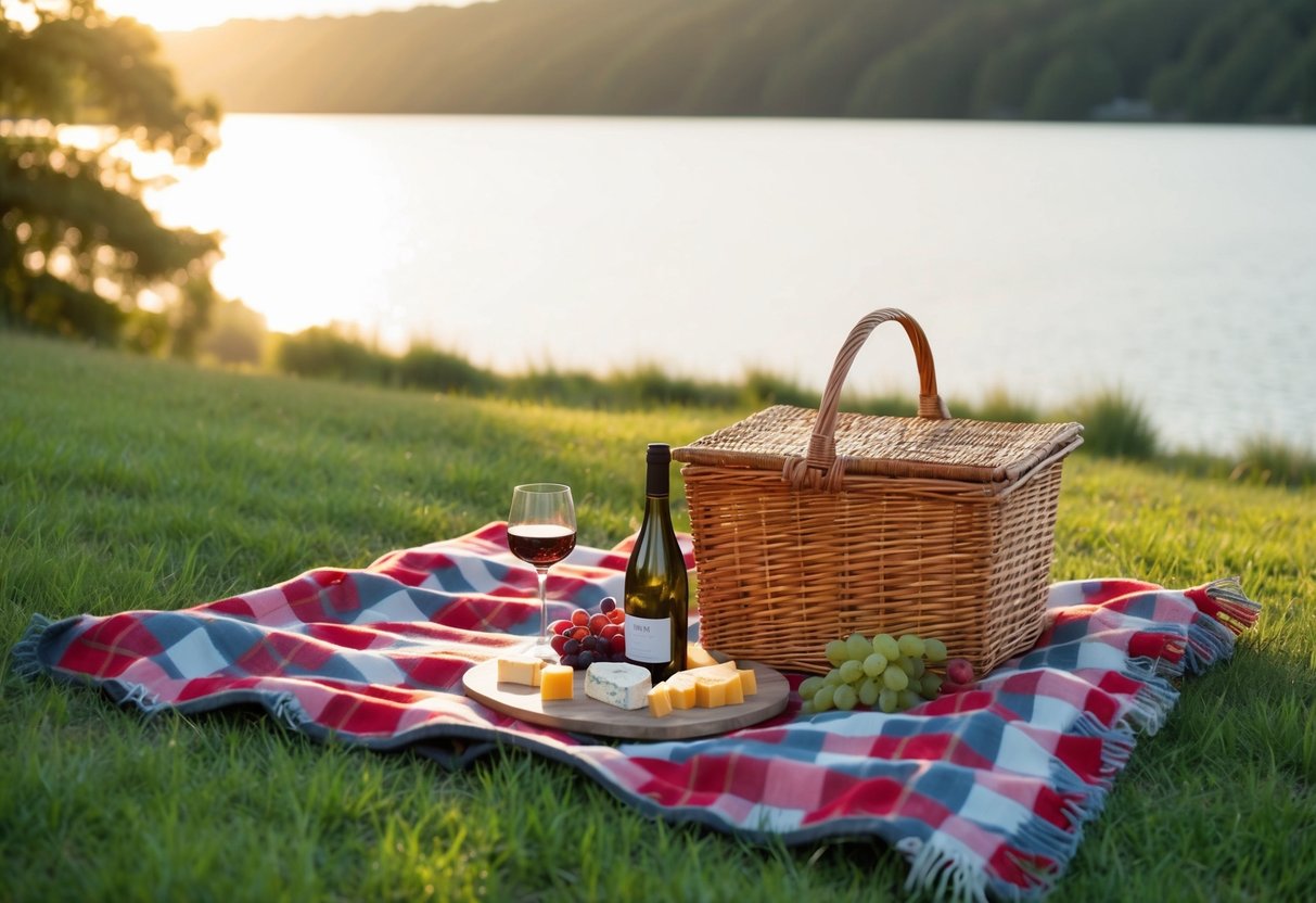A cozy picnic blanket spread out on a grassy hill overlooking a serene lake, with a wicker basket filled with wine, cheese, and fruit. The setting sun casts a warm glow over the scene