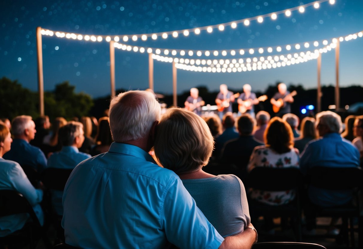 A middle-aged couple sits close together, enjoying a live music performance under a starry night sky. The band plays on stage as the audience sways to the rhythm