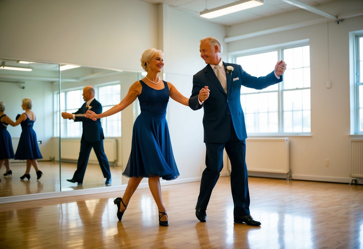 A middle-aged couple gracefully waltzing in a brightly lit dance studio, surrounded by mirrors and a polished wooden floor