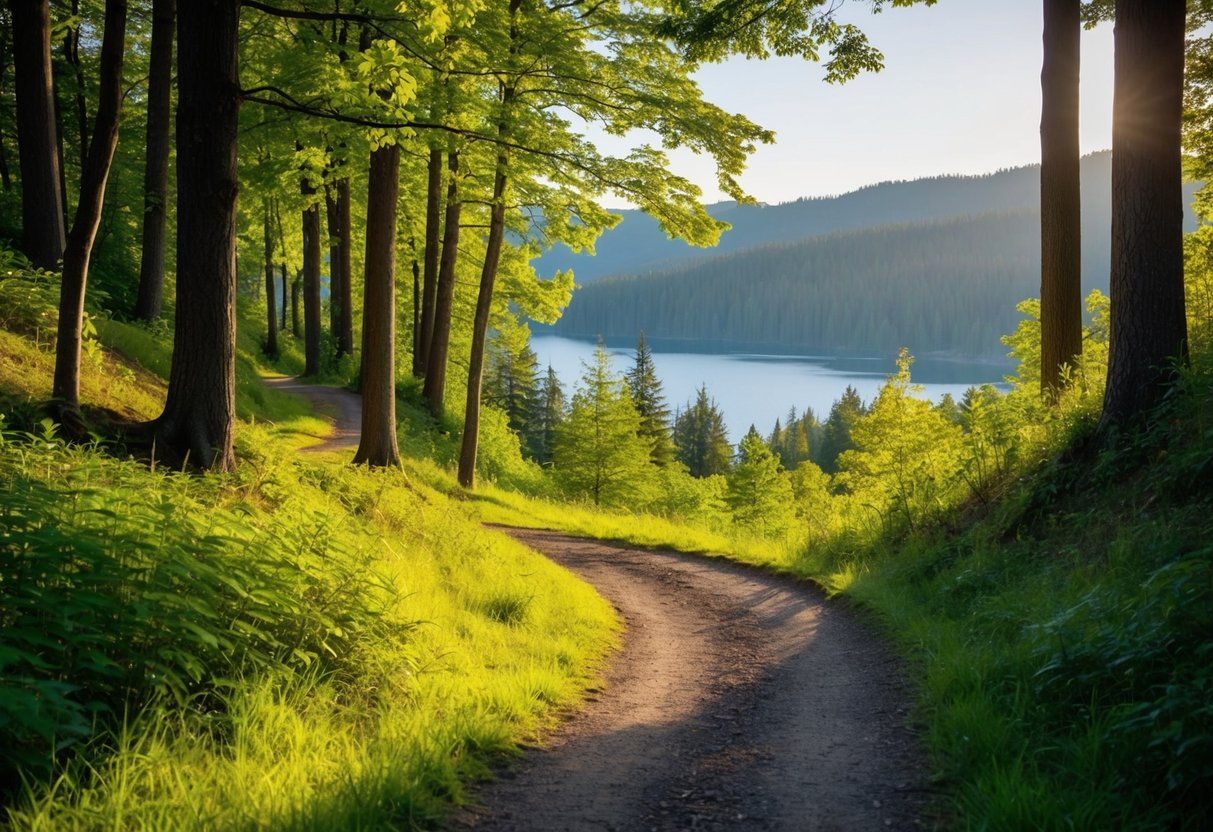 A winding trail through a lush forest, with sunlight filtering through the trees and a picturesque view of a serene lake in the distance