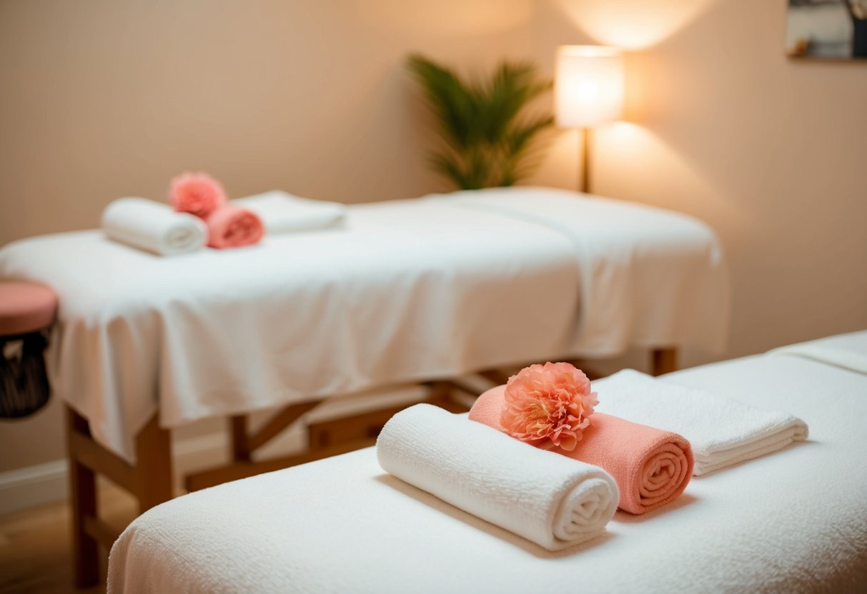 A serene spa setting with two massage tables, soft lighting, and calming decor