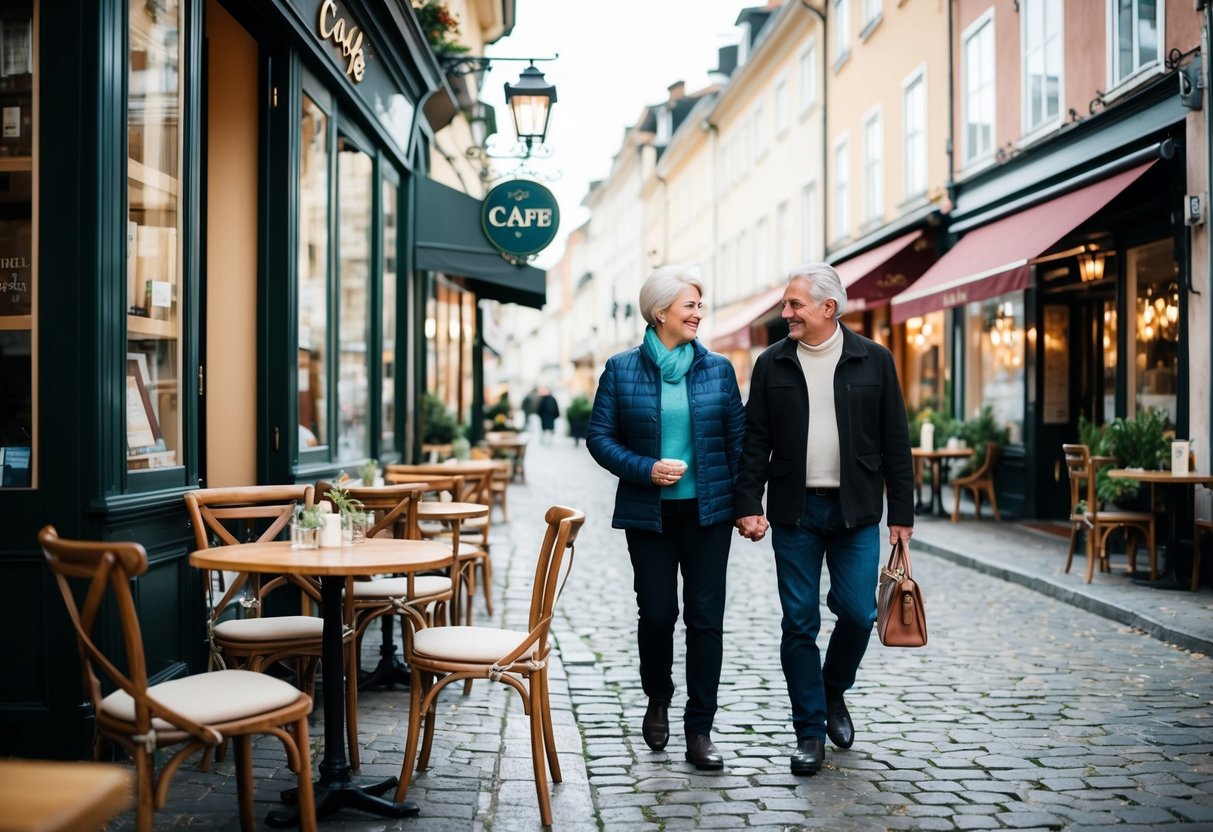 A cozy cafe with outdoor seating, surrounded by charming shops and cobblestone streets, as a middle-aged couple enjoys a leisurely stroll hand in hand
