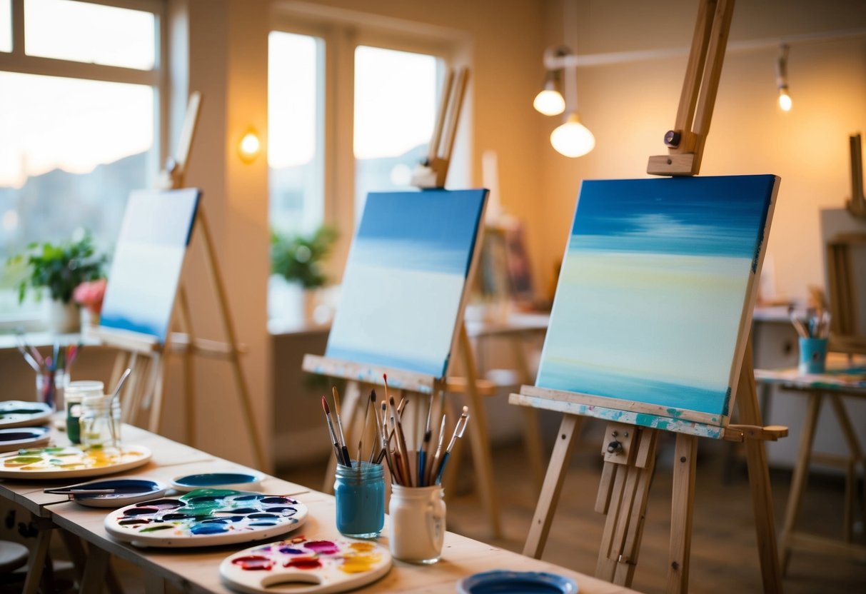 A cozy art studio with easels, paint palettes, and canvases set up for a painting class date. Warm lighting and a relaxed atmosphere