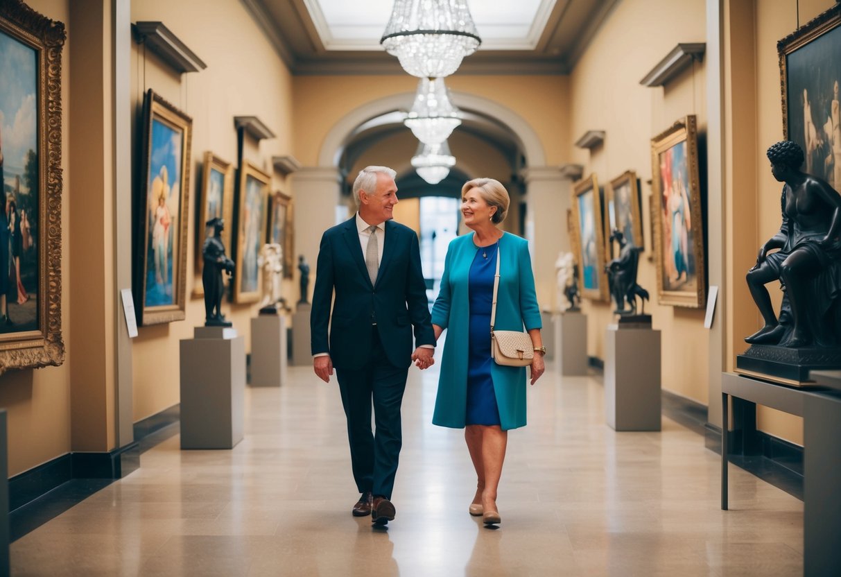 A middle-aged couple strolling through a museum, admiring colorful paintings and sculptures, surrounded by ornate frames and elegant lighting