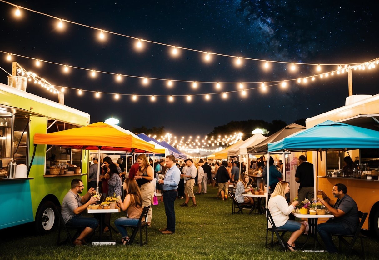 A bustling food truck festival with colorful tents and tables, couples sampling a variety of cuisines under string lights and a starry night sky