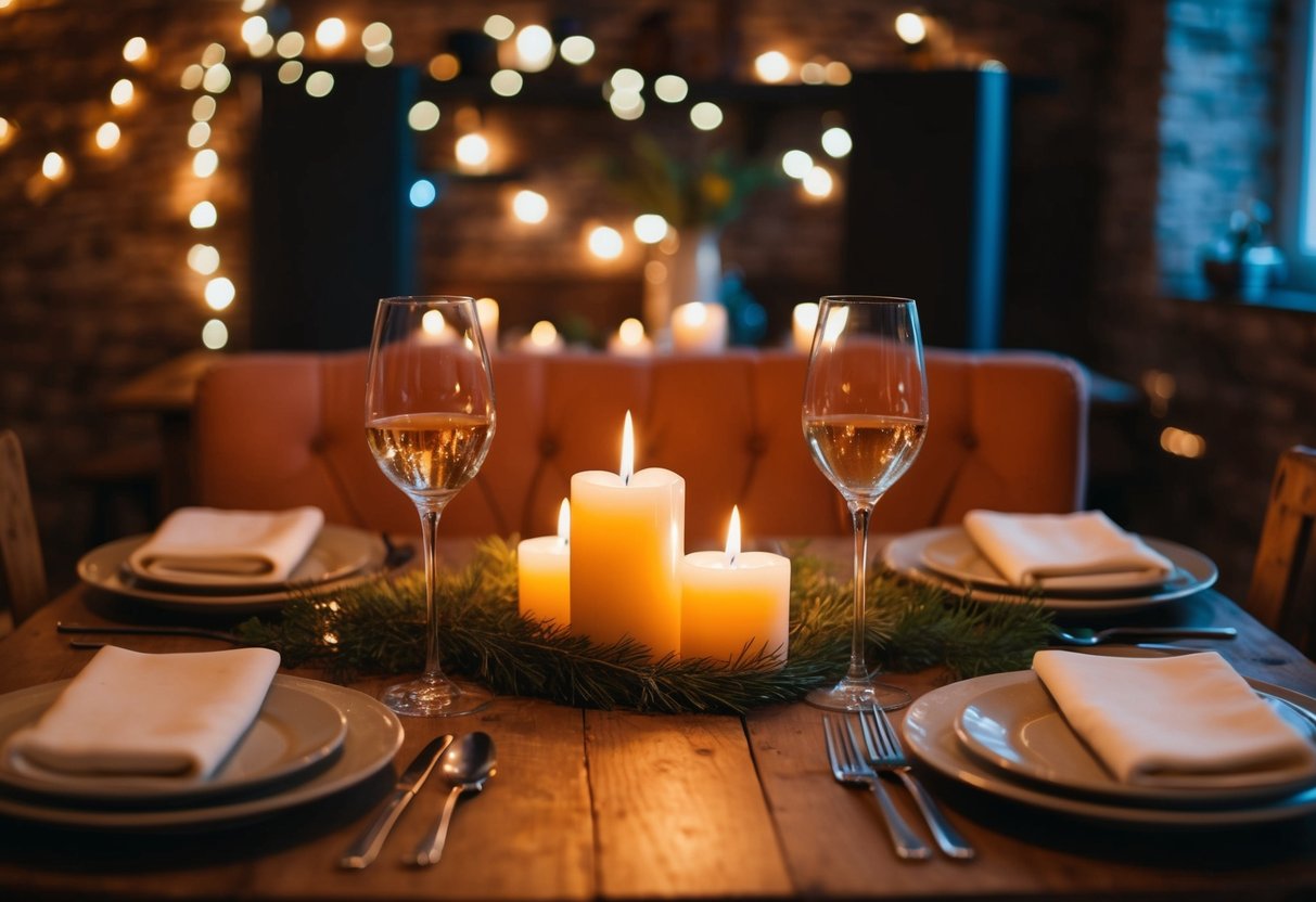 A cozy, candlelit dinner for two in a rustic, intimate setting with soft music playing in the background