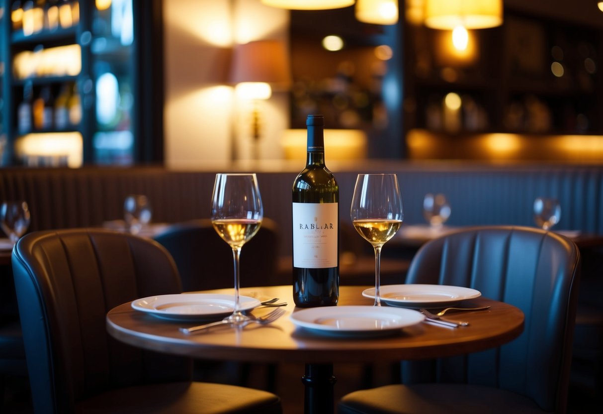 A cozy bistro with dim lighting, a table set for two, and a bottle of wine with two glasses