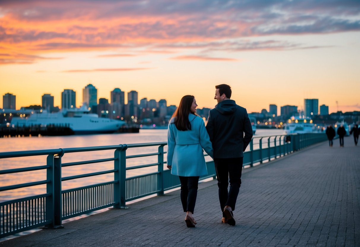 A couple strolling along the Halifax waterfront at sunset, with the iconic harbor and city skyline in the background