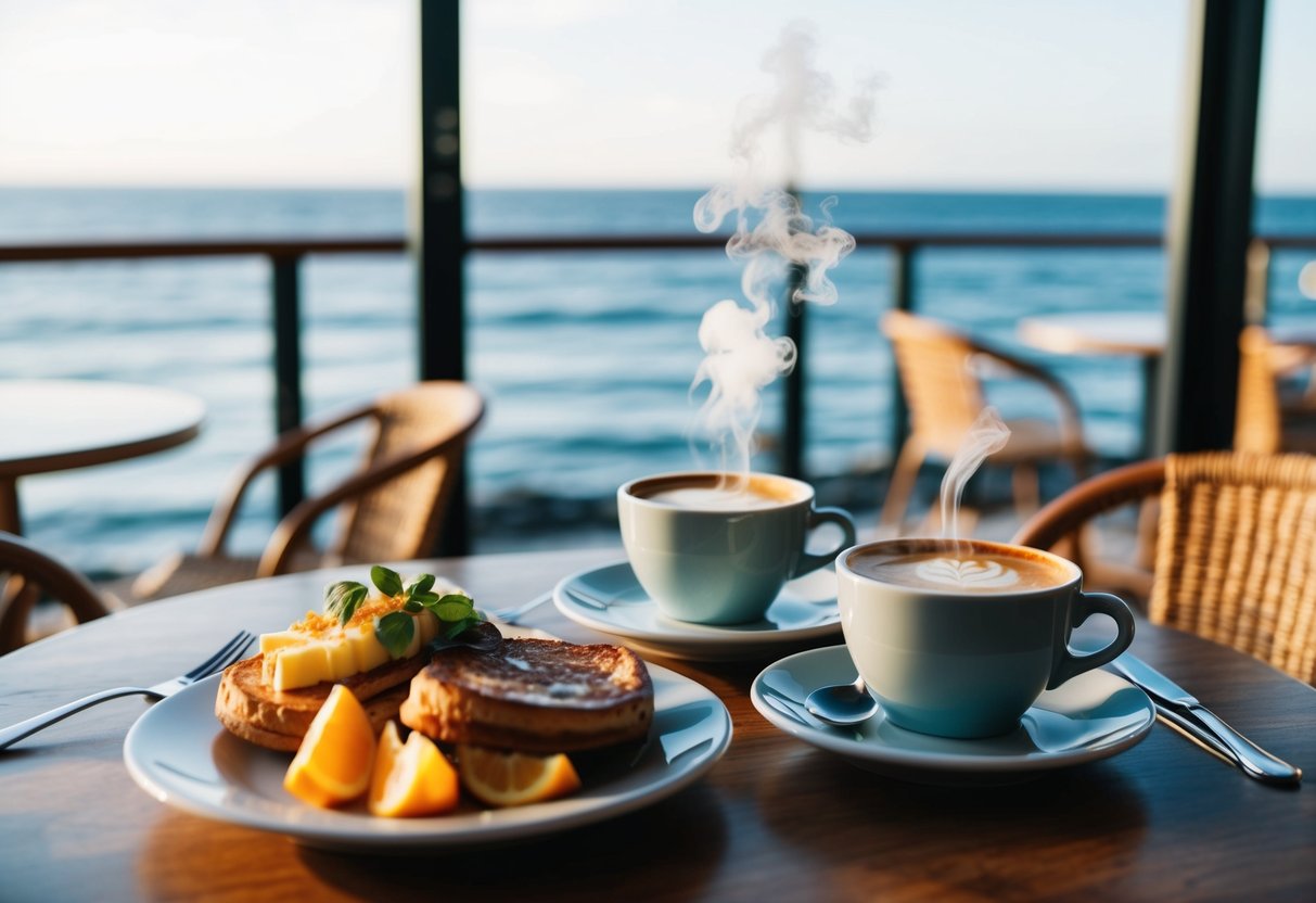 A cozy coastal cafe with brunch dishes, steaming coffee, and a view of the ocean