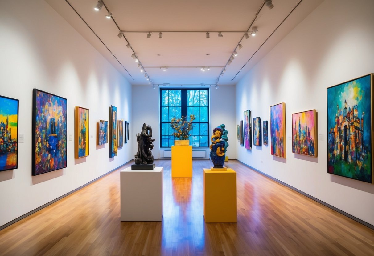 Vibrant paintings and sculptures fill the spacious gallery, bathed in natural light from large windows. Various artworks line the walls, creating a colorful and dynamic atmosphere
