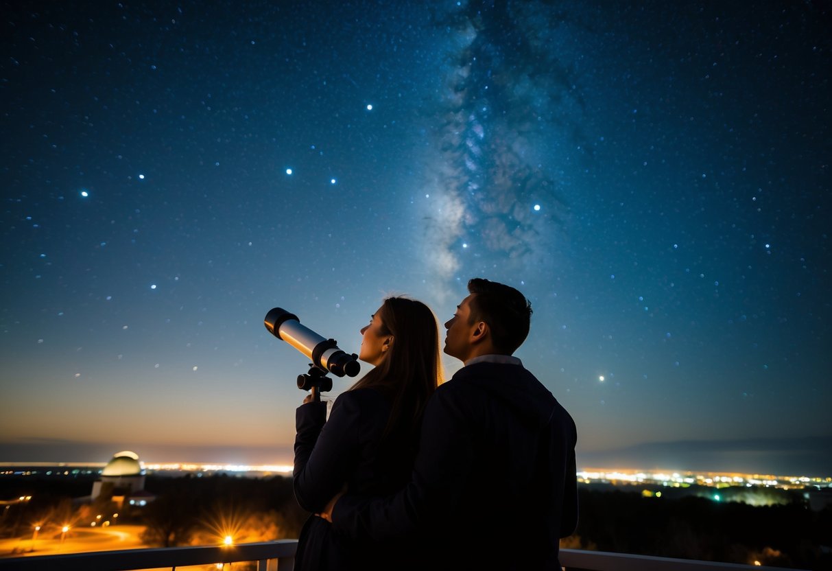 A couple gazes up at the stars through a telescope at the Saint Mary’s University Observatory, surrounded by the dim glow of city lights