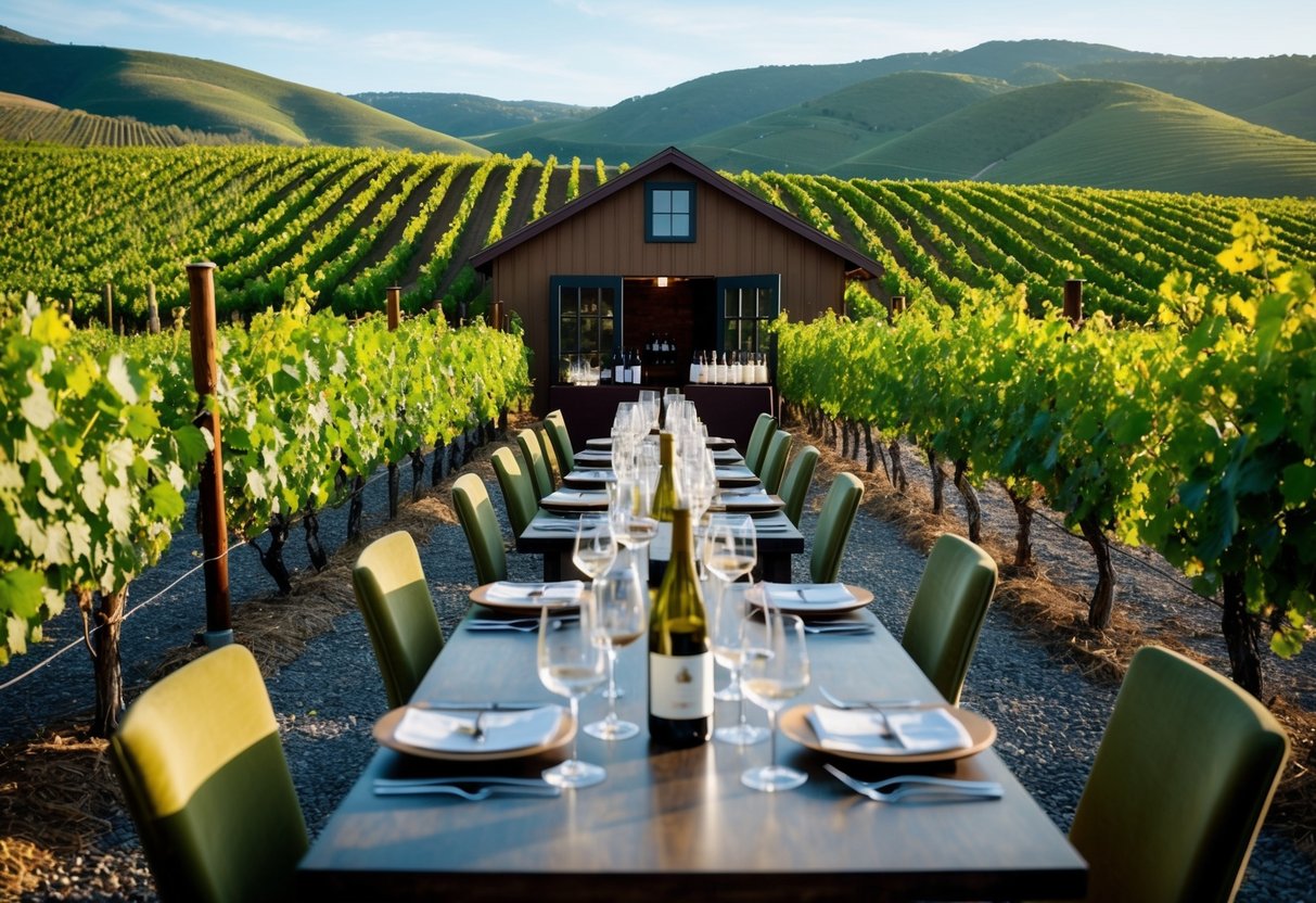 A vineyard overlooking rolling hills, with rows of grapevines leading to a rustic tasting room. Tables set with wine glasses and bottles, surrounded by lush greenery