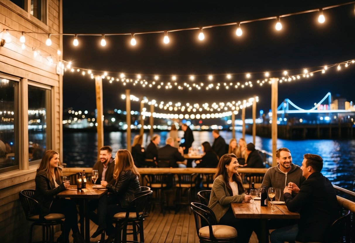 A cozy waterfront bar with live music, twinkling string lights, and couples enjoying date night in Halifax