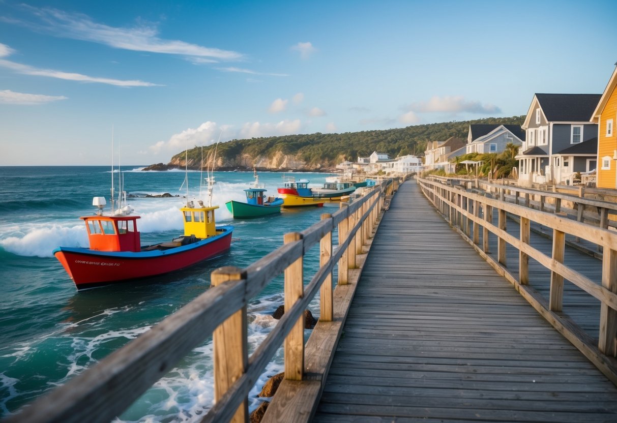 A serene seaside walk at Fisherman’s Cove, with a rustic boardwalk, colorful fishing boats, and the sound of waves crashing on the shore