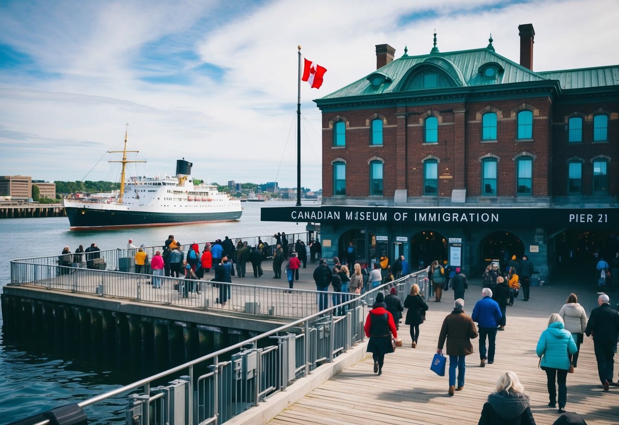 A bustling waterfront scene with a historic building, ships, and people entering the Canadian Museum of Immigration at Pier 21 in Halifax