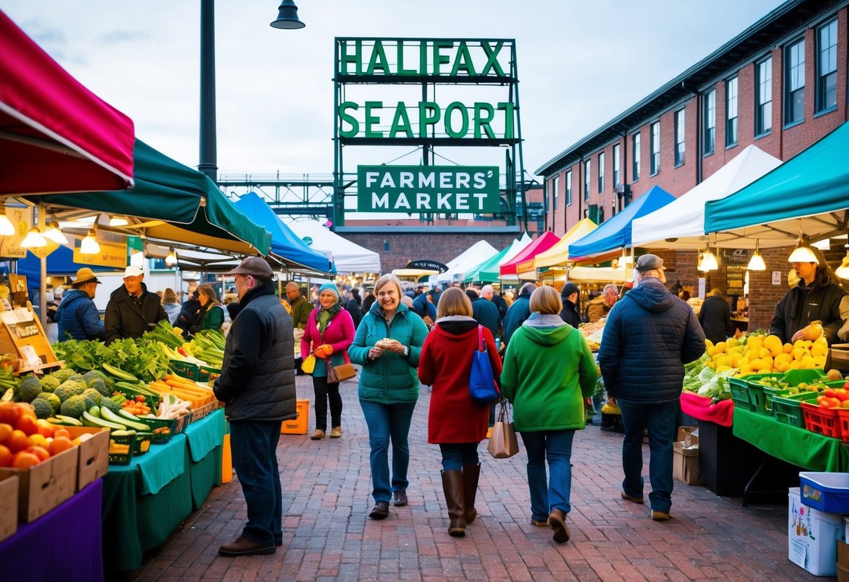 The bustling Halifax Seaport Farmers’ Market, with colorful stalls and a variety of fresh produce, crafts, and food vendors. Busy shoppers explore the vibrant market atmosphere