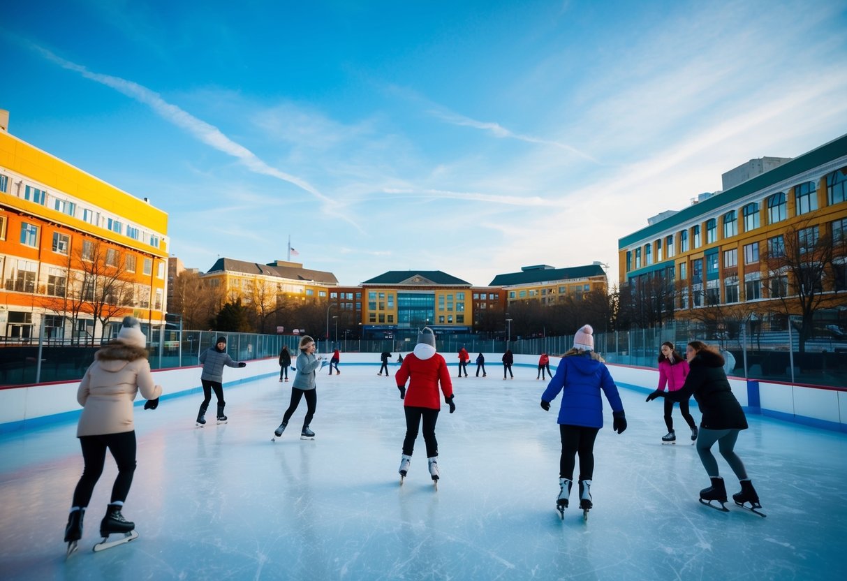 People skating on the ice at Emera Oval, surrounded by colorful buildings and trees, with a clear blue sky above