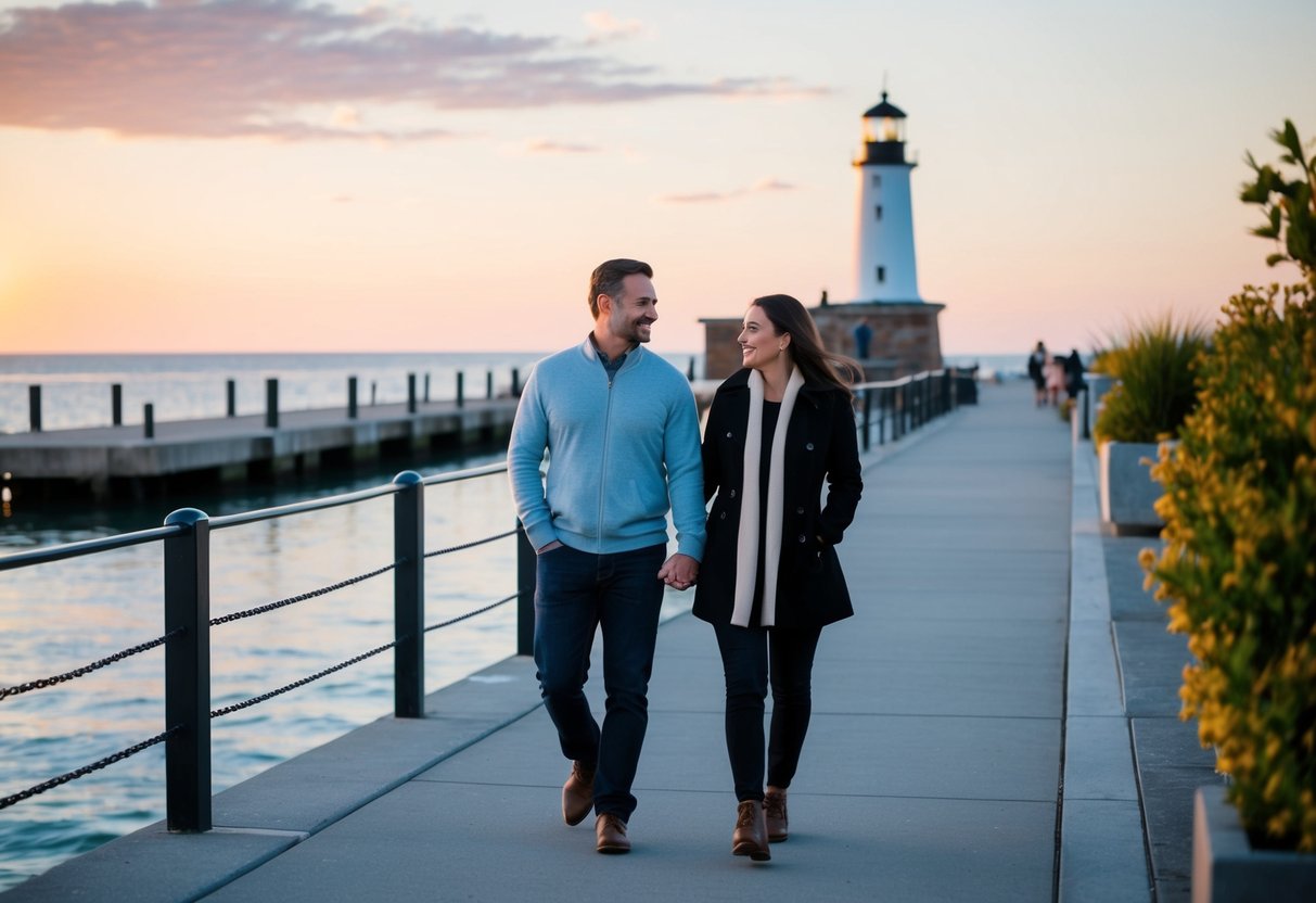 A couple strolling along a peaceful waterfront, with a lighthouse in the distance and the sun setting over the ocean