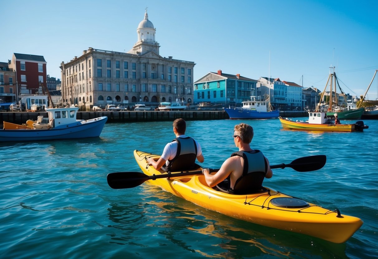 A couple kayaking in the harbor, passing by historic waterfront buildings and colorful fishing boats under a bright blue sky