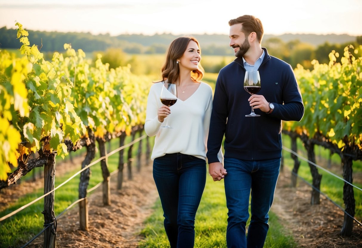 A couple strolling through a charming vineyard, sipping wine and enjoying the scenic landscape of Ashburn, VA