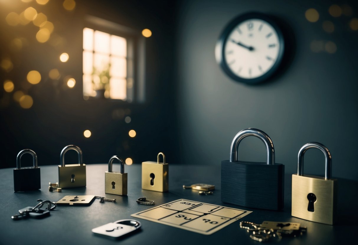 A dimly lit room with various locks, puzzles, and clues scattered around. A countdown clock on the wall adds to the sense of urgency