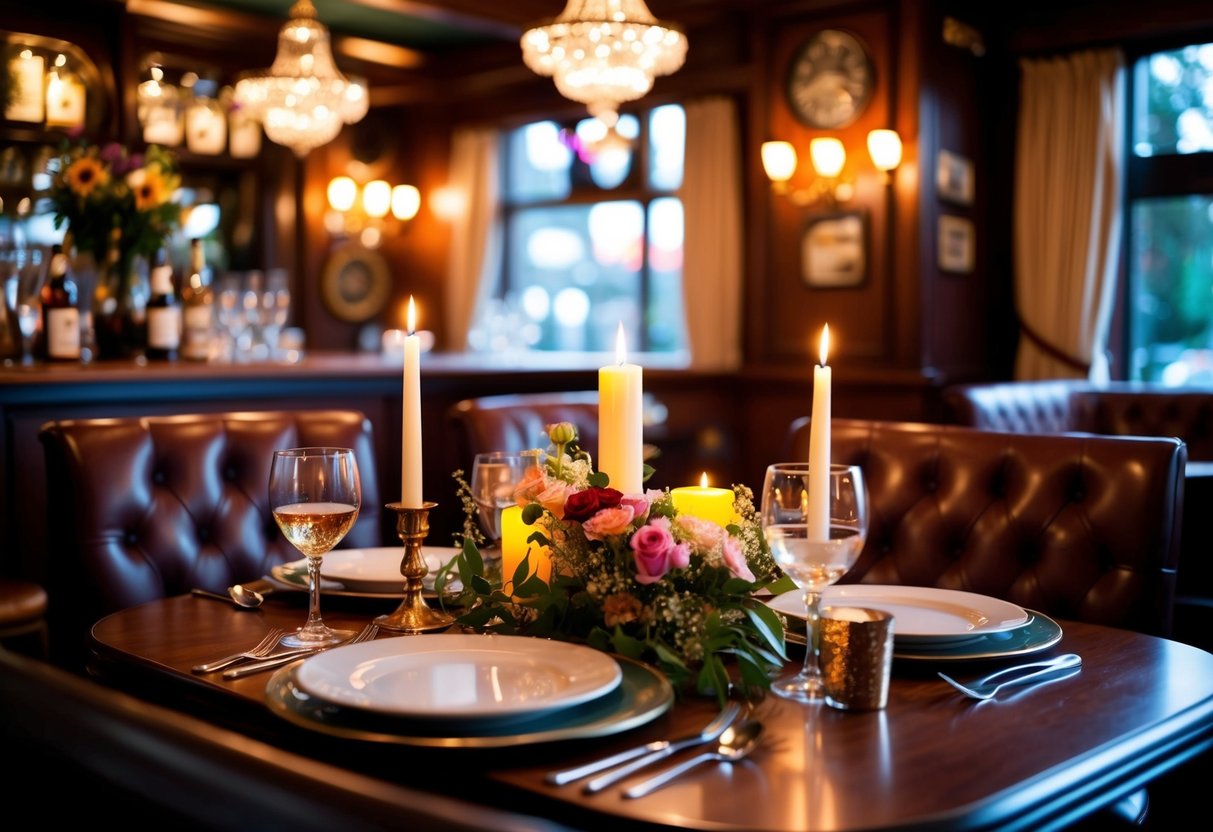 A cozy table for two, adorned with candlelight and fresh flowers, set against the backdrop of a charming pub interior