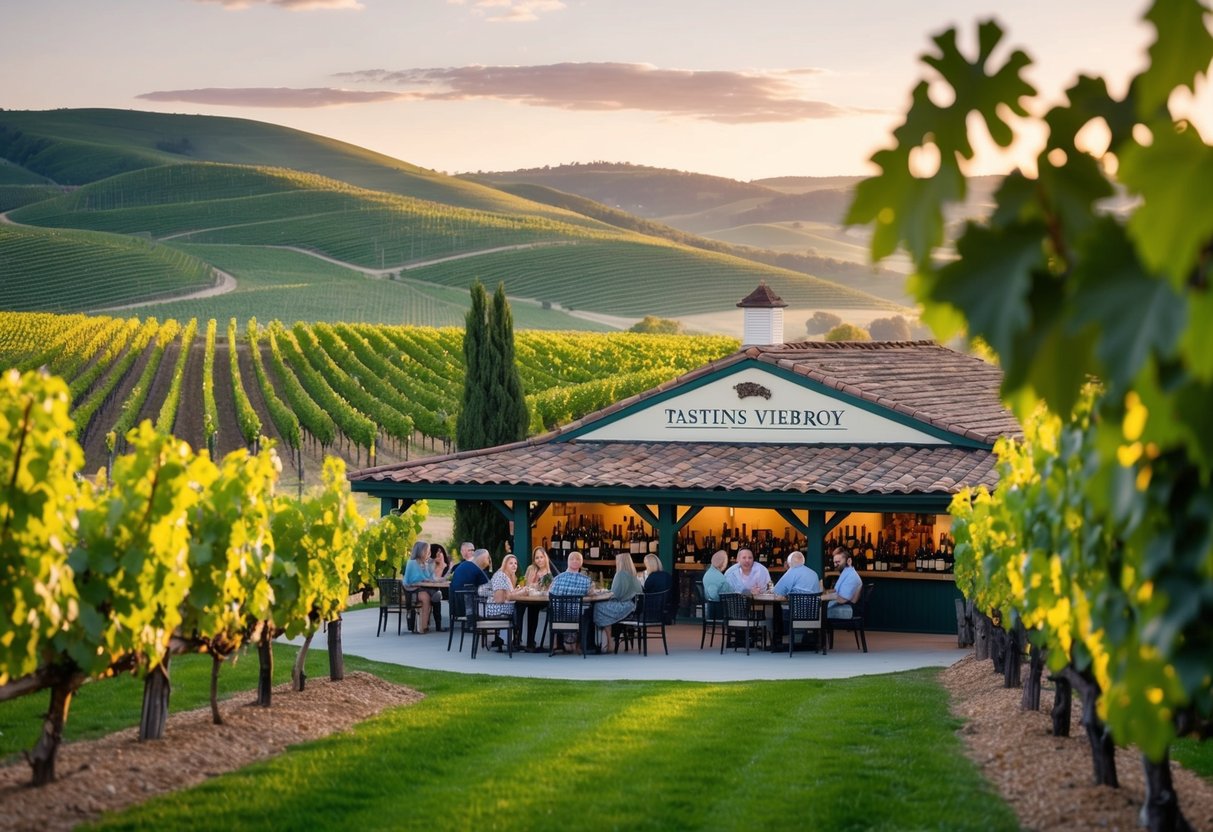 A picturesque vineyard with rolling hills, grapevines, and a charming tasting room filled with wine enthusiasts enjoying a leisurely afternoon