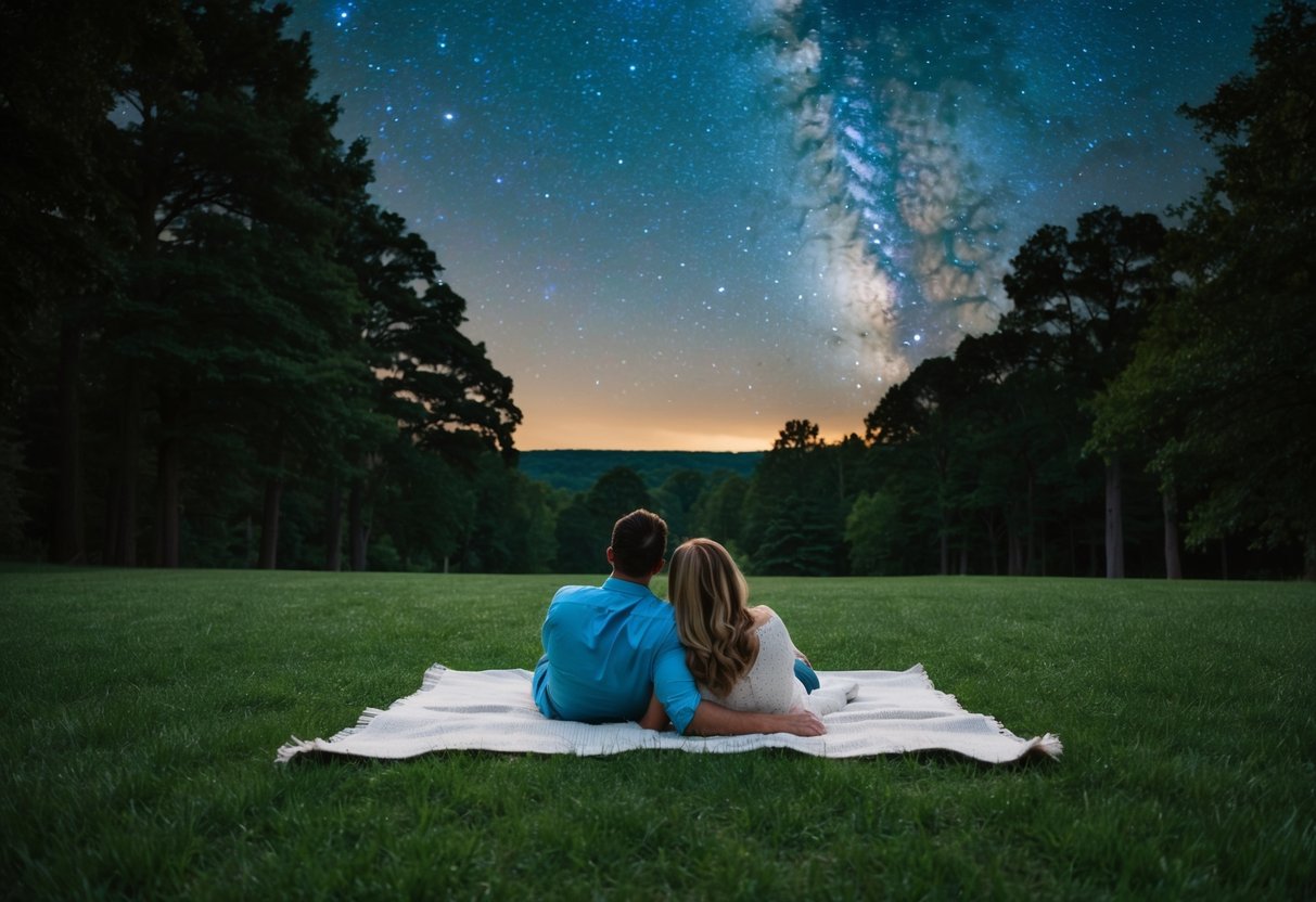 A couple lying on a blanket in a grassy clearing, surrounded by tall trees and the night sky filled with stars at the Virginia State Arboretum