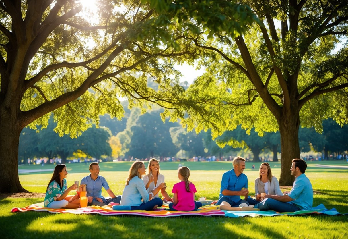Families and friends gather on colorful blankets under the shade of tall trees, enjoying a picnic at Ashburn Park. The sun shines through the leaves, creating dappled patterns on the ground