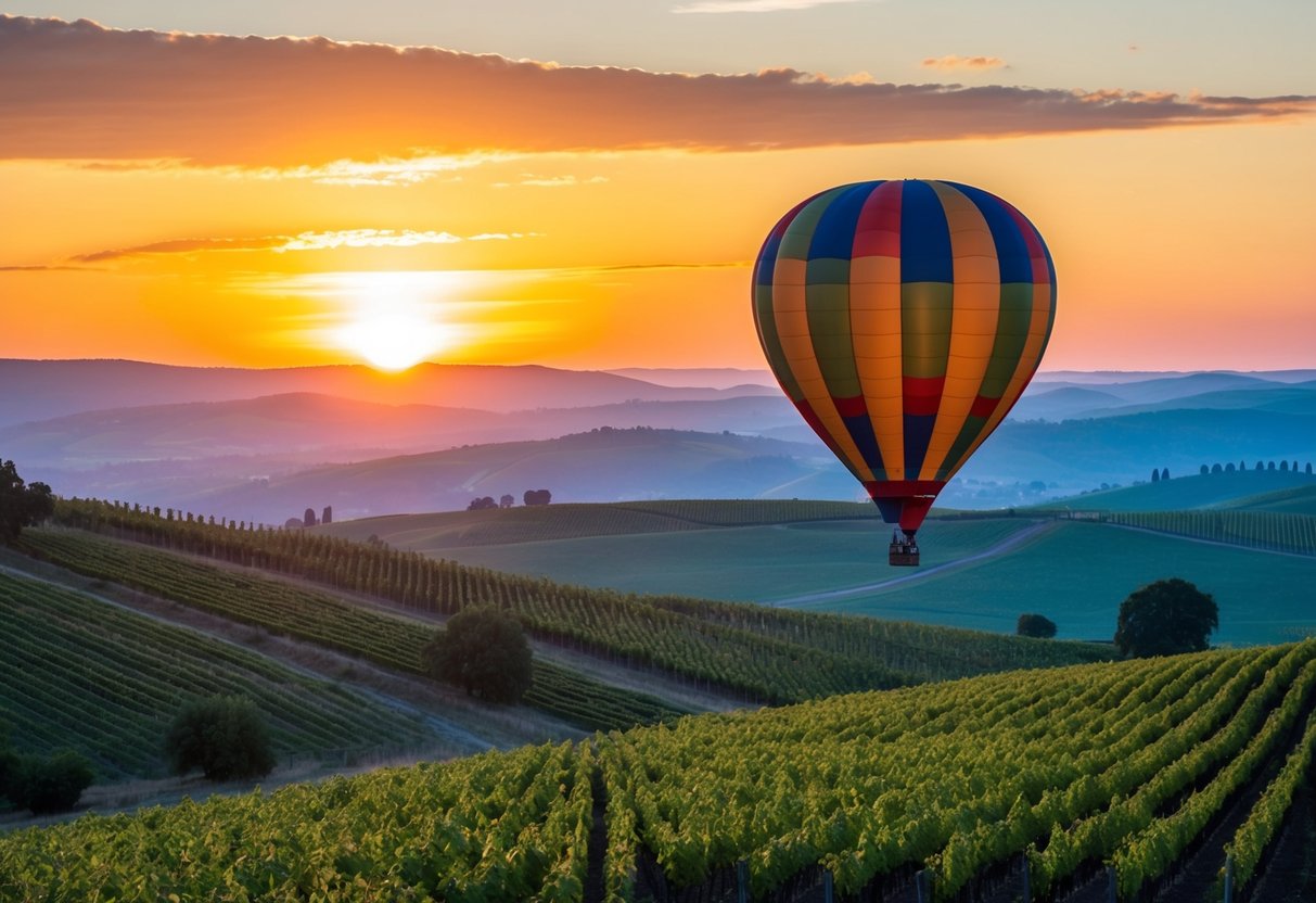 A colorful hot air balloon floats above rolling hills and vineyards, with the sun setting in the distance