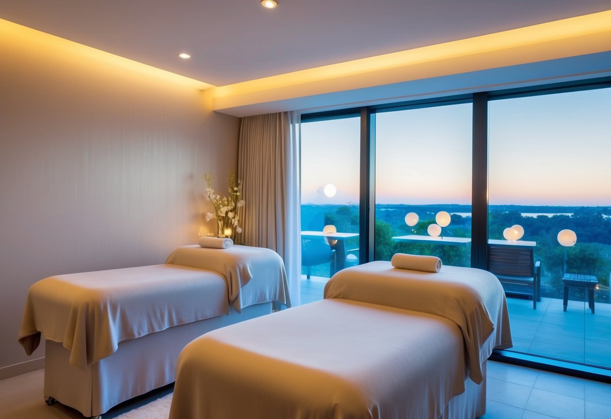 A serene spa room with two massage tables, soft lighting, and soothing music. Aromatherapy scents fill the air, and a large window offers a peaceful view of the surrounding landscape
