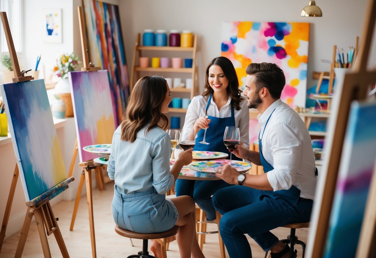 A cozy art studio with couples painting and sipping wine, surrounded by colorful canvases and art supplies
