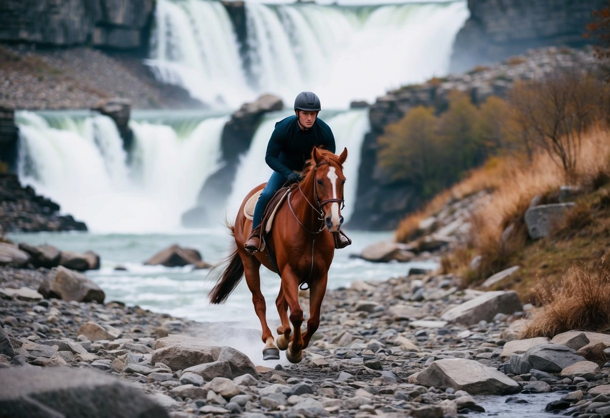 A rider on horseback galloping along the rocky trails of Great Falls, with the rushing waterfalls in the background