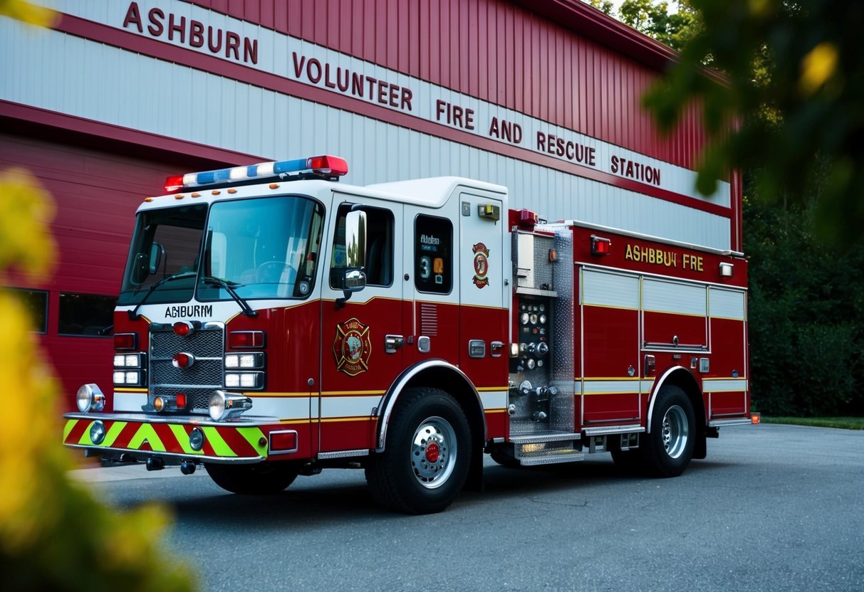 A fire truck parked outside the Ashburn Volunteer Fire and Rescue station, with the building's red and white exterior visible