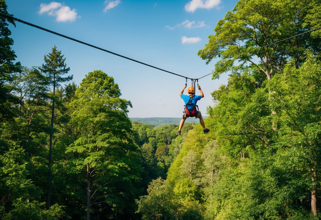 A person zooms through the forest on a zip line, surrounded by lush green trees and a clear blue sky