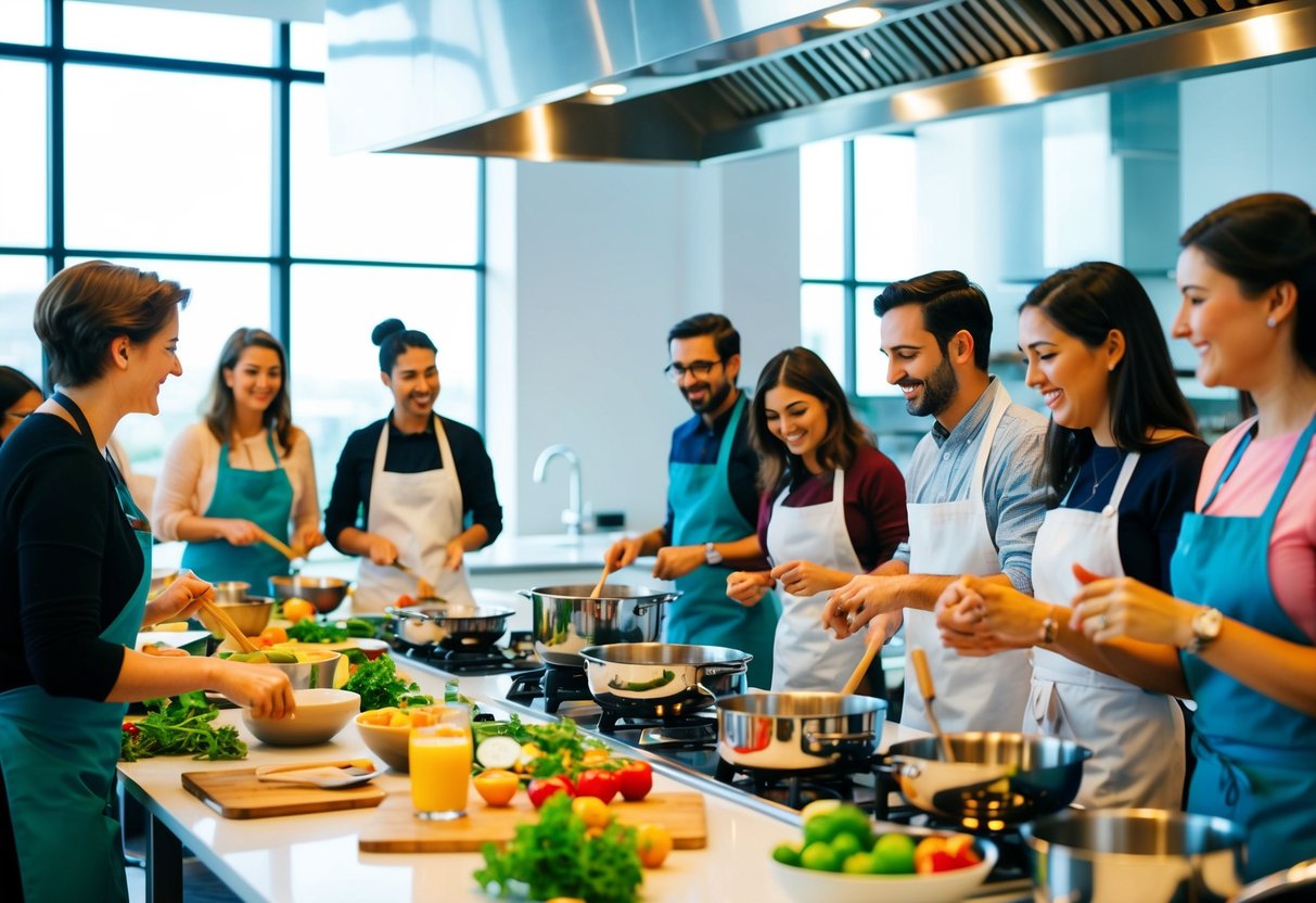A bustling cooking class in a modern kitchen studio with stainless steel appliances, colorful ingredients, and eager participants