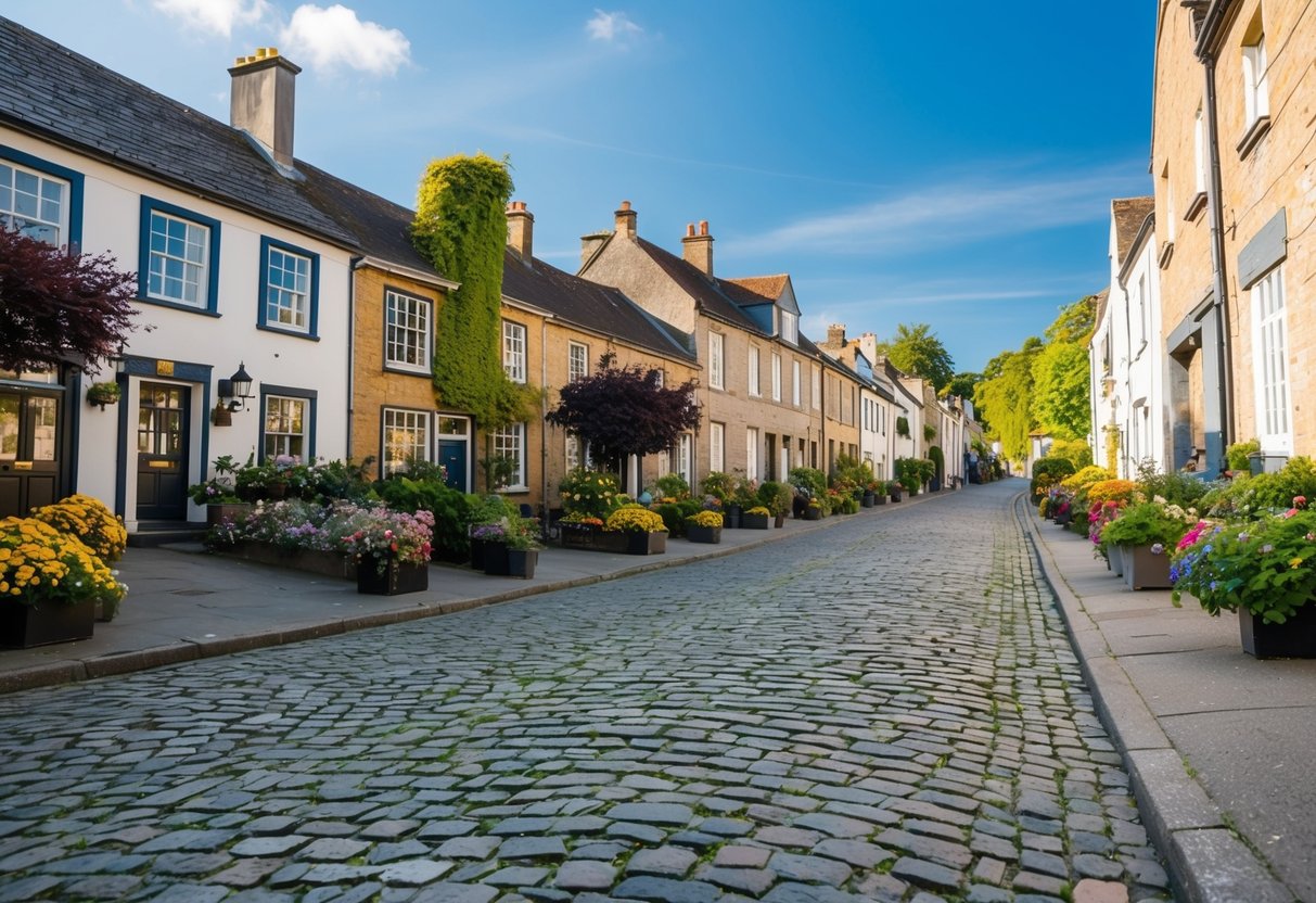 A cobblestone street lined with quaint historic buildings, surrounded by lush greenery and colorful flowers, with a clear blue sky overhead
