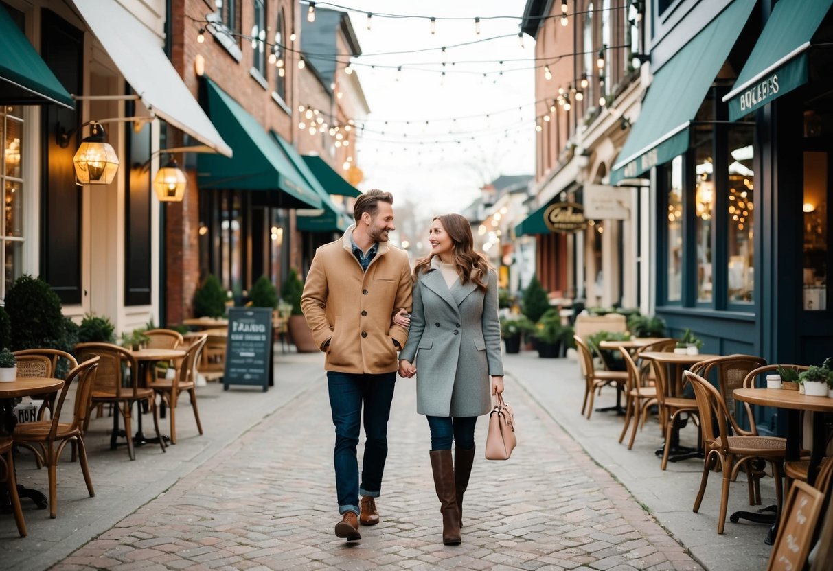 A couple strolling through a charming downtown area, passing by cozy cafes and boutique shops with twinkling string lights overhead