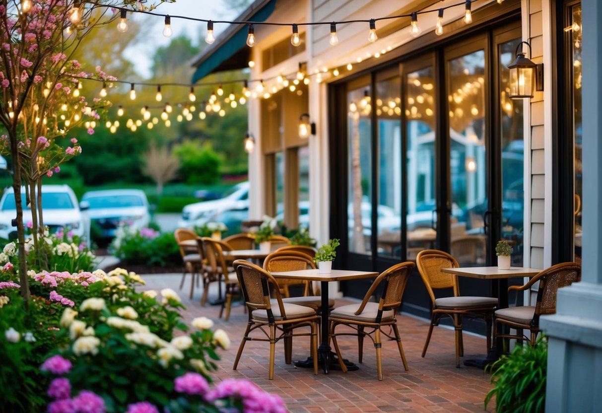 A cozy cafe with string lights and outdoor seating, surrounded by blooming flowers and greenery in Ashburn, VA
