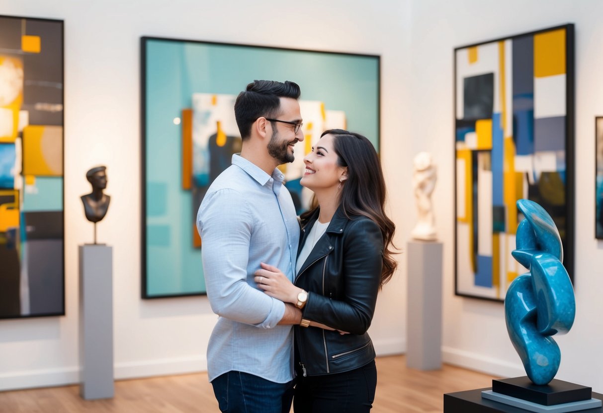 A couple admiring art at an art gallery, surrounded by abstract paintings and sculptures