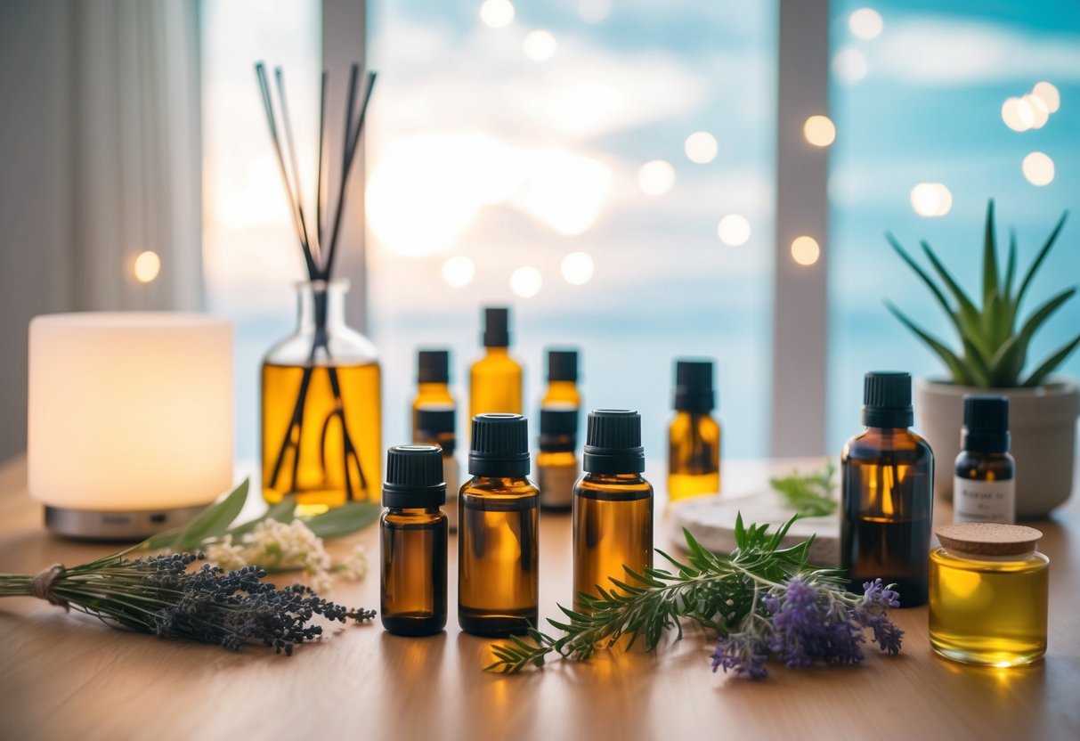 Aromatherapy workshop: A table with various essential oils, diffusers, and botanicals. Soft lighting and calming music create a serene atmosphere