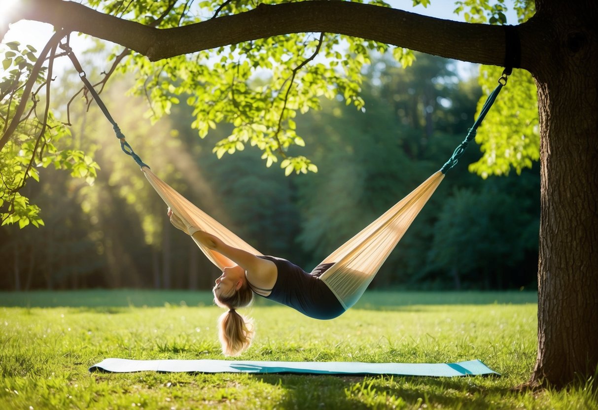 Aerial yoga session in a serene forest clearing, with a hammock suspended from a sturdy tree branch. The sun shines through the leaves, casting dappled shadows on the ground